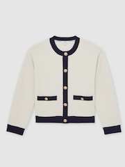 Reiss Cream/Navy Olive Wool-Cashmere Crew-Neck Cardigan - Image 2 of 6