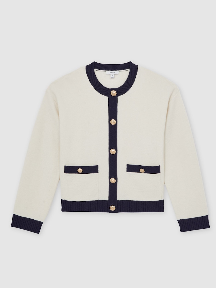Reiss Cream/Navy Olive Wool-Cashmere Crew-Neck Cardigan - Image 2 of 6 Reiss Cream/Navy Olive Wool-Cashmere Crew-Neck Cardigan - Image 2 of 6