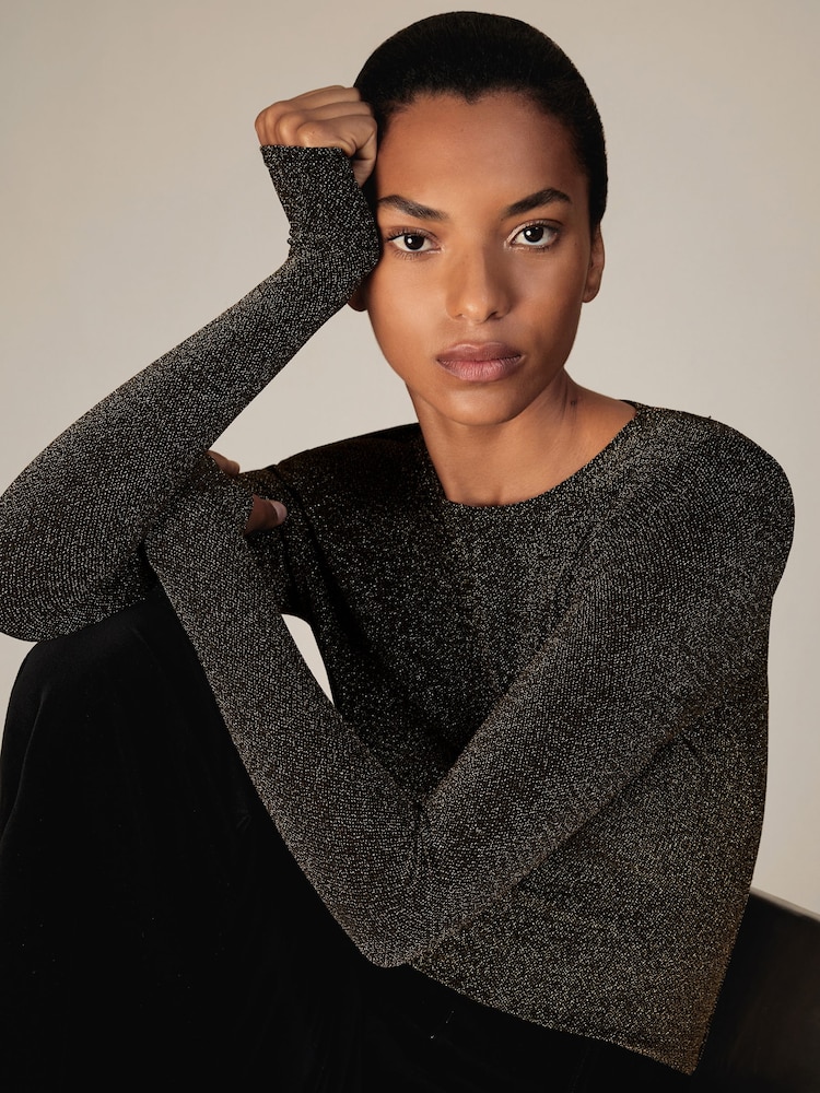 Reiss Gold Saraphina Metallic-Knit Long-Sleeve Top - Image 1 of 5