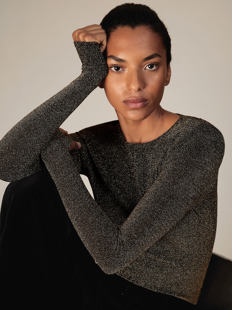 Reiss Gold Saraphina Metallic-Knit Long-Sleeve Top - Image 1 of 6 Reiss Gold Saraphina Metallic-Knit Long-Sleeve Top - Image 1 of 6