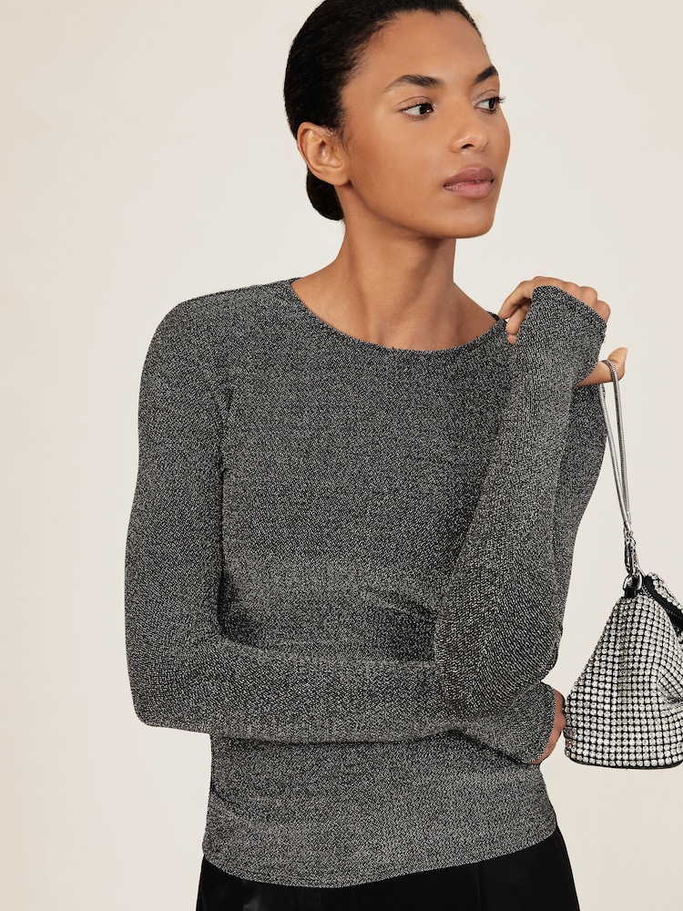 Reiss Silver Saraphina Metallic-Knit Long-Sleeve Top - Image 1 of 6