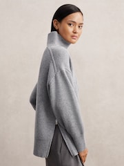 Reiss Grey Harri Wool Zip-Detail Funnel-Neck Jumper - Image 1 of 9