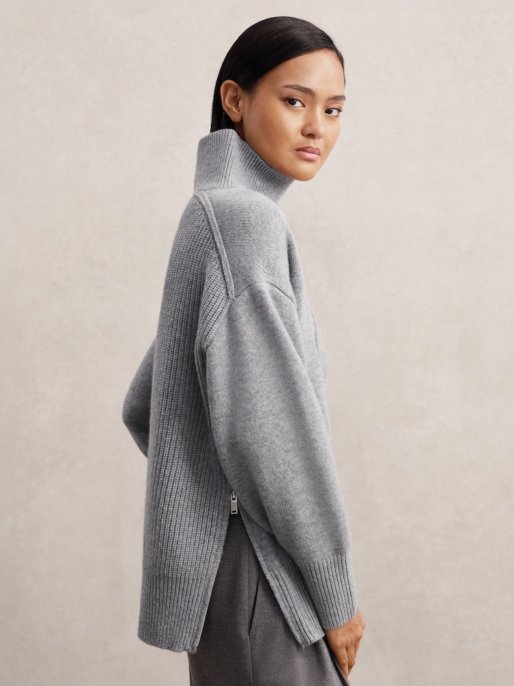 Reiss Grey Harri Wool Zip-Detail Funnel-Neck Jumper - Image 1 of 9 Reiss Grey Harri Wool Zip-Detail Funnel-Neck Jumper - Image 1 of 9