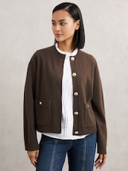 Reiss Chocolate Brown Olive Wool-Cashmere Crew-Neck Cardigan - Image 4 of 6