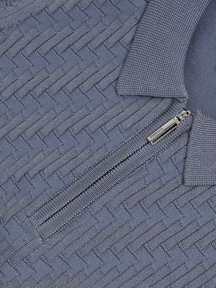Reiss Airforce Blue Atticus Textured-Knit Half-Zip Polo Shirt - Image 4 of 4