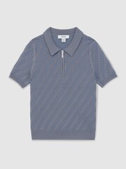 Reiss Airforce Blue Atticus Textured-Knit Half-Zip Polo Shirt - Image 2 of 4