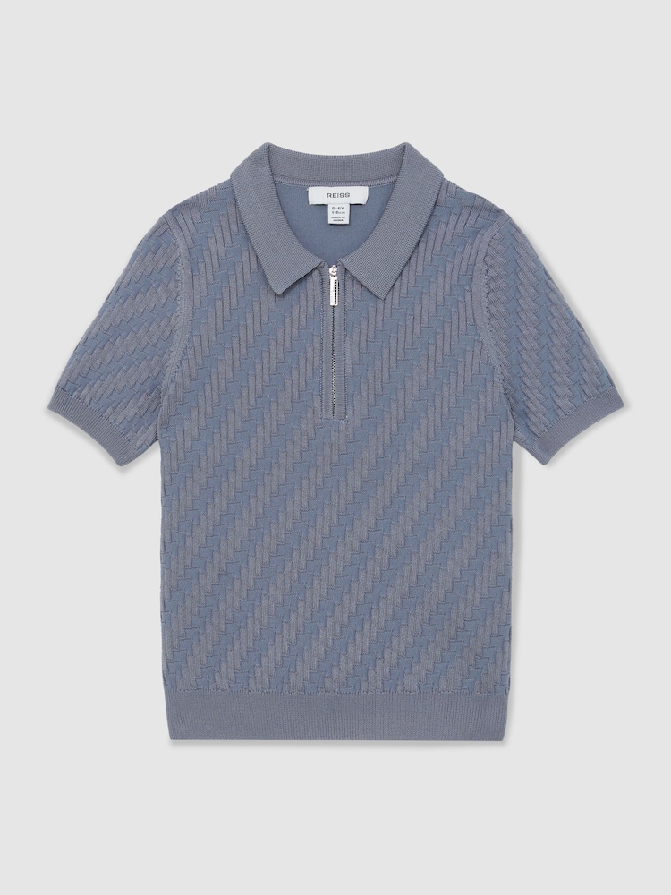 Reiss Airforce Blue Atticus Textured-Knit Half-Zip Polo Shirt - Image 2 of 4