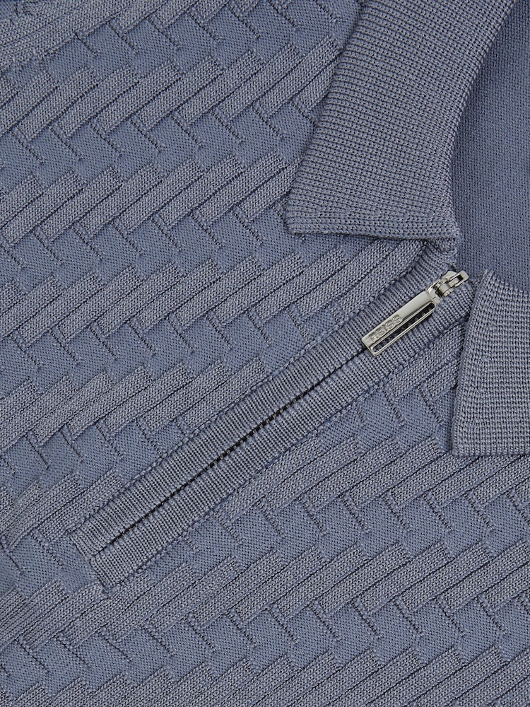 Reiss Airforce Blue Atticus Textured-Knit Half-Zip Polo Shirt - Image 4 of 4 Reiss Airforce Blue Atticus Textured-Knit Half-Zip Polo Shirt - Image 4 of 4