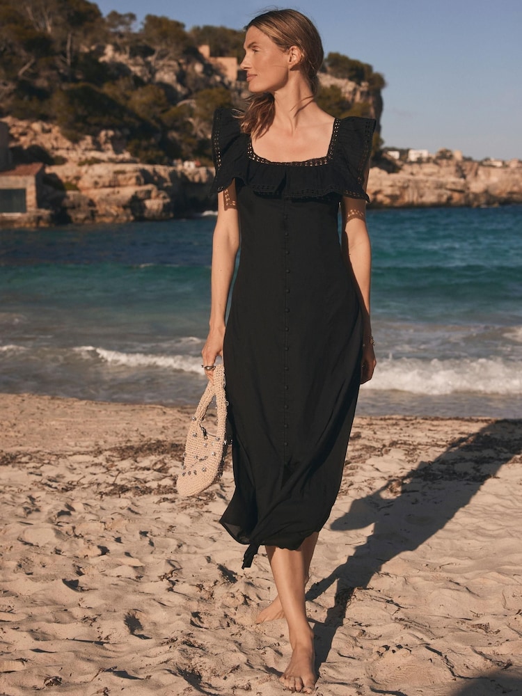 Mint Velvet Black Poet Collar Midi Dress - Image 2 of 7