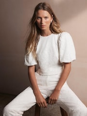 Mint Velvet White Sequin Lace Puff Sleeve Top - Image 1 of 8