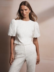 Mint Velvet White Sequin Lace Puff Sleeve Top - Image 2 of 8