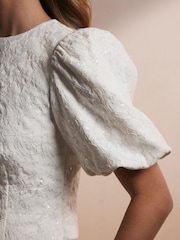 Mint Velvet White Sequin Lace Puff Sleeve Top - Image 3 of 8