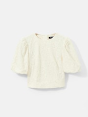Mint Velvet White Sequin Lace Puff Sleeve Top - Image 6 of 8