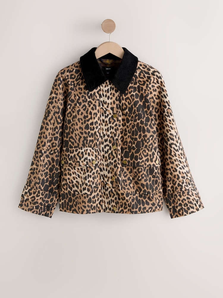 Animal Print Waxy Jacket with Cord Collar - Image 1 of 3 Animal Print Waxy Jacket with Cord Collar - Image 1 of 3