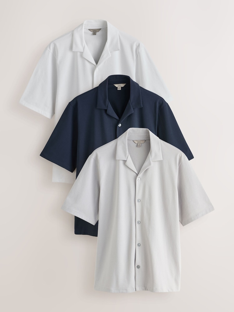 Navy Blue/Grey/White Regular Fit Short Sleeve Revere Collar Jersey Shirts 3 Pack - Image 1 of 6