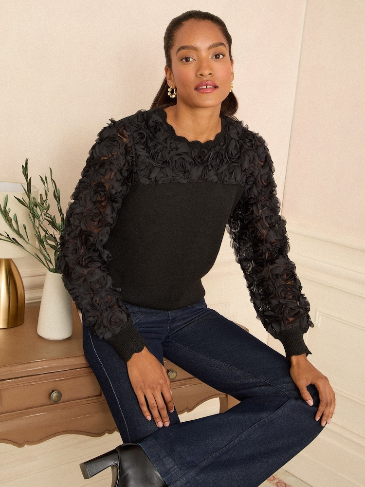 Love & Roses Black 3D Flower Woven Sleeve Knitted Jumper - Image 1 of 4