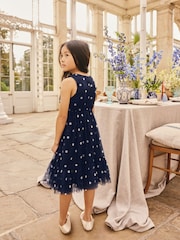 Navy Spot Flower Corsage Mesh Occasion Dress (3-16yrs) - Image 2 of 9