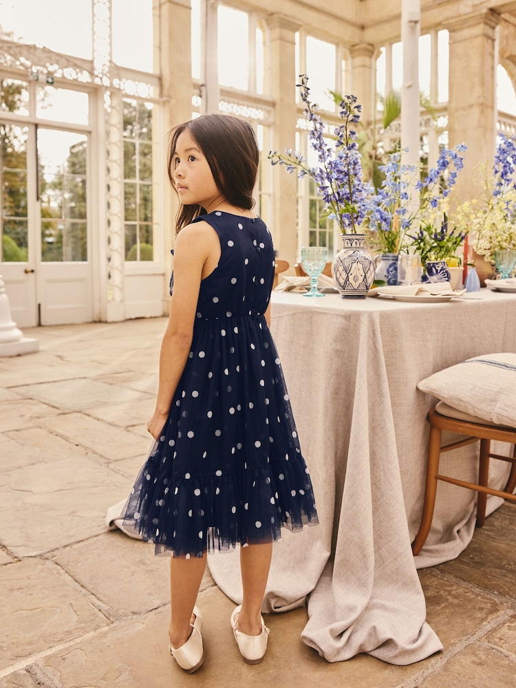 Navy Spot Flower Corsage Mesh Occasion Dress (3-16yrs) - Image 2 of 9