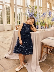 Navy Spot Flower Corsage Mesh Occasion Dress (3-16yrs) - Image 3 of 9