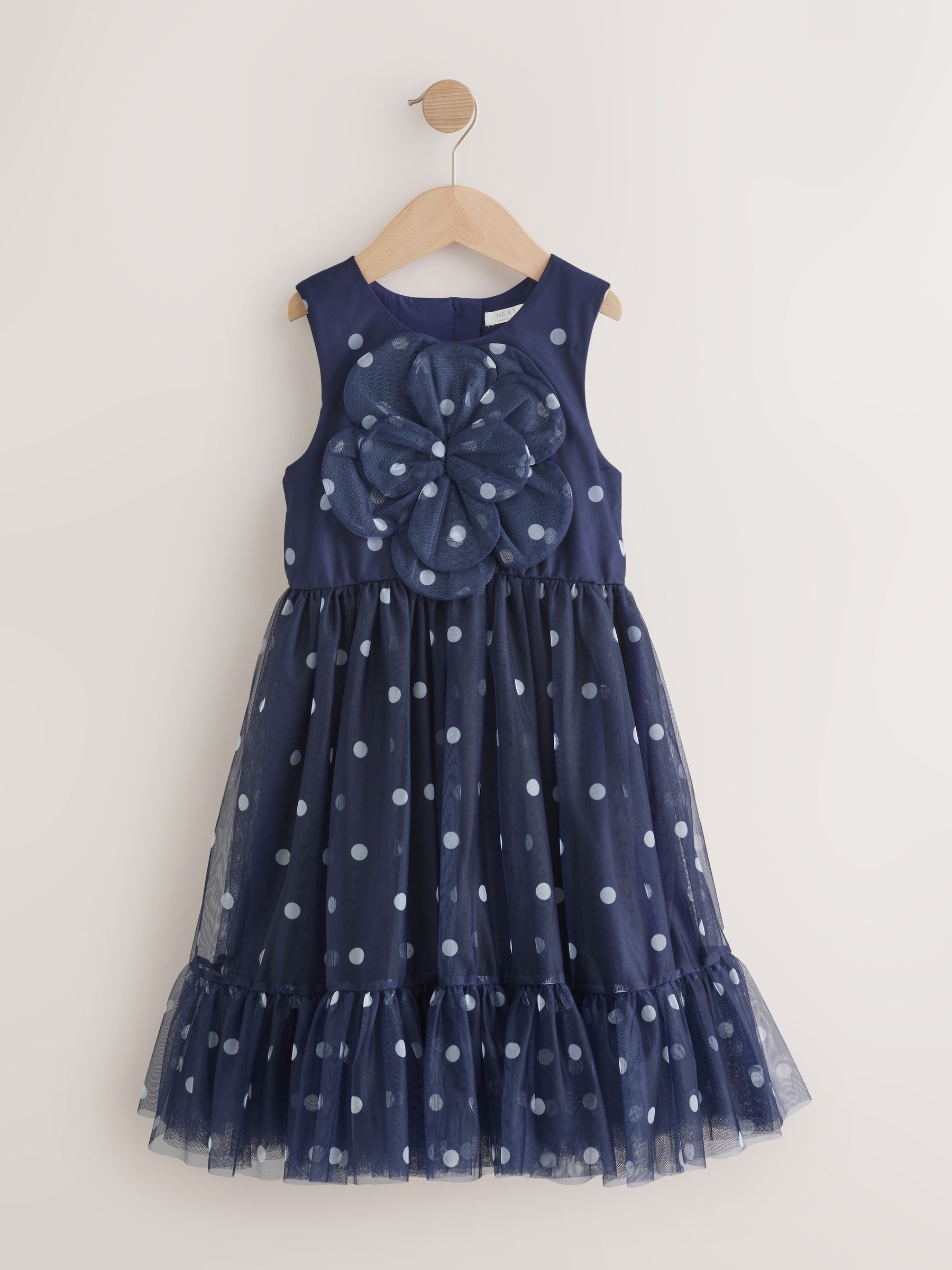 Buy Navy Spot Flower Corsage Mesh Occasion Dress (3-16yrs) from
