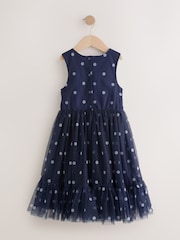 Navy Spot Flower Corsage Mesh Occasion Dress (3-16yrs) - Image 6 of 9