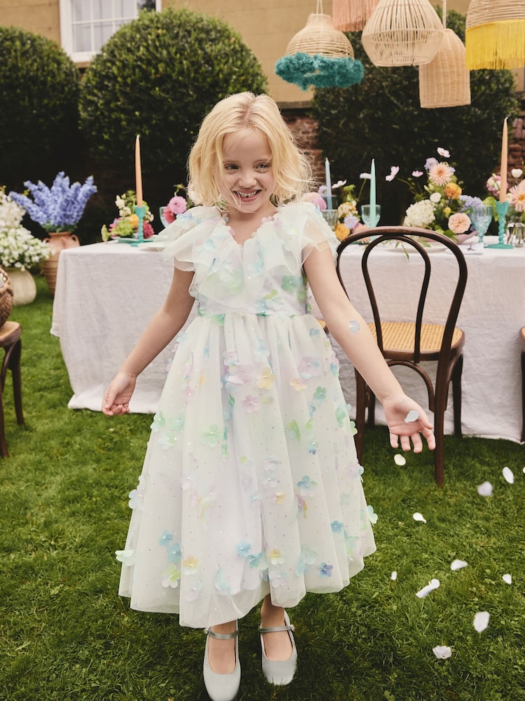 White 3D Flower Ruffle Mesh Occasion Dress (3-16yrs) - Image 1 of 9 White 3D Flower Ruffle Mesh Occasion Dress (3-16yrs) - Image 1 of 9
