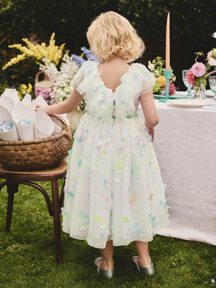 White 3D Flower Ruffle Mesh Occasion Dress (3-16yrs) - Image 2 of 9 White 3D Flower Ruffle Mesh Occasion Dress (3-16yrs) - Image 2 of 9