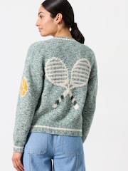 FatFace Green Knitted Racket Pattern Cardigan - Image 2 of 8