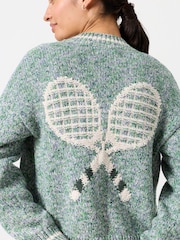FatFace Green Knitted Racket Pattern Cardigan - Image 6 of 8