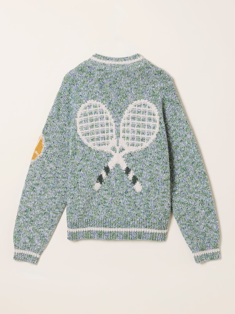 FatFace Green Knitted Racket Pattern Cardigan - Image 8 of 8