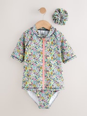 Black Ditsy Floral Sunsafe Rash Vest Bikini And Scrunchie Swim Set (3-16yrs) - Image 1 of 5