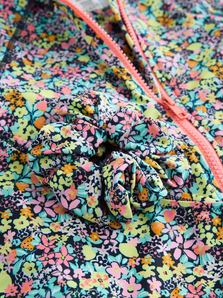 Black Ditsy Floral Sunsafe Rash Vest Bikini And Scrunchie Swim Set (3-16yrs) - Image 10 of 10