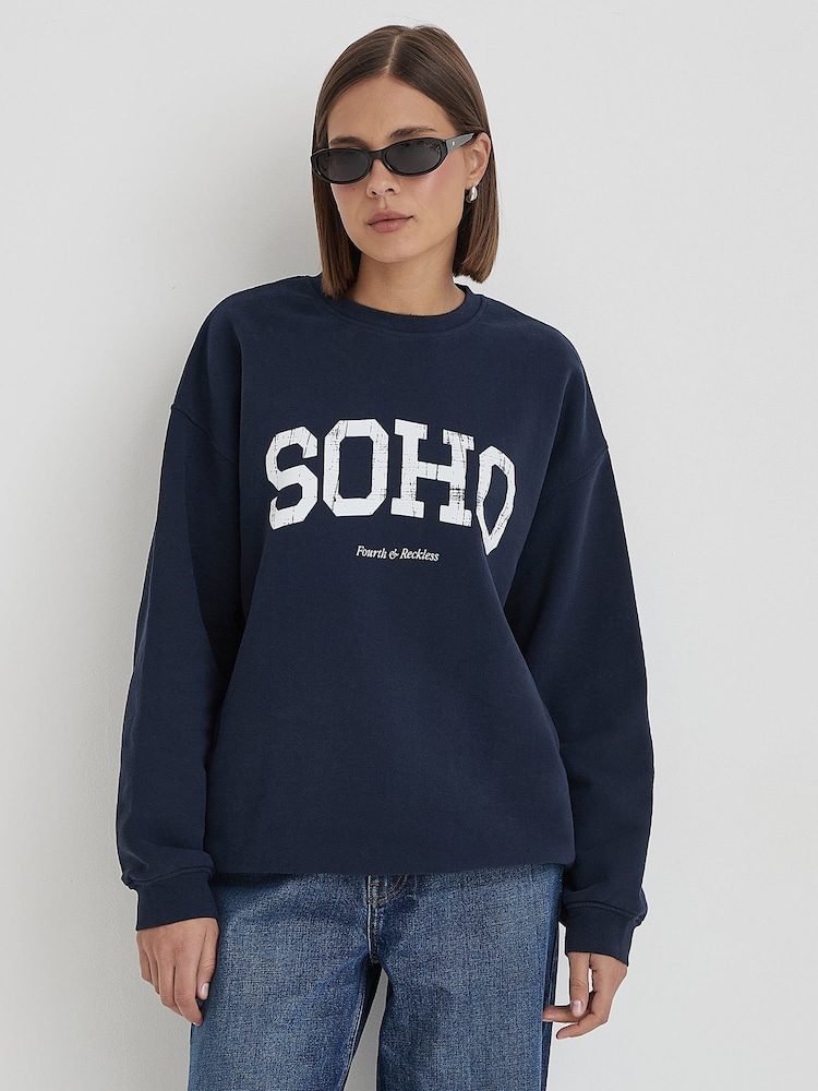 4th & Reckless Blue Distressed Soho Slogan Classic Longline Sweatshirt - Image 1 of 4