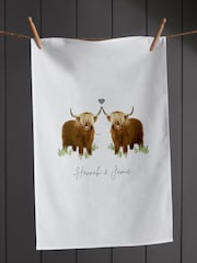Personalised Couples Highland Cow Tea Towel by Koko Blossom by Koko Blossom - Image 1 of 3