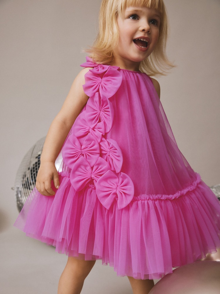 Bright Pink Bows Sleeveless Mesh Dress (3mths-7yrs) - Image 1 of 3 Bright Pink Bows Sleeveless Mesh Dress (3mths-7yrs) - Image 1 of 3