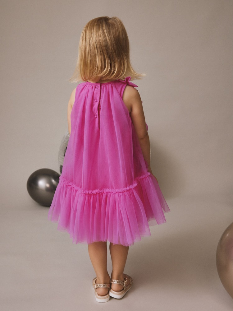 Bright Pink Bows Sleeveless Mesh Dress (3mths-7yrs) - Image 2 of 3 Bright Pink Bows Sleeveless Mesh Dress (3mths-7yrs) - Image 2 of 3
