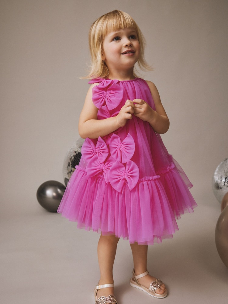 Bright Pink Bows Sleeveless Mesh Dress (3mths-7yrs) - Image 3 of 3 Bright Pink Bows Sleeveless Mesh Dress (3mths-7yrs) - Image 3 of 3
