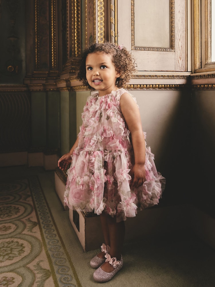 Pink Floral Sleeveless Mesh Dress (3mths-7yrs) - Image 1 of 4 Pink Floral Sleeveless Mesh Dress (3mths-7yrs) - Image 1 of 4