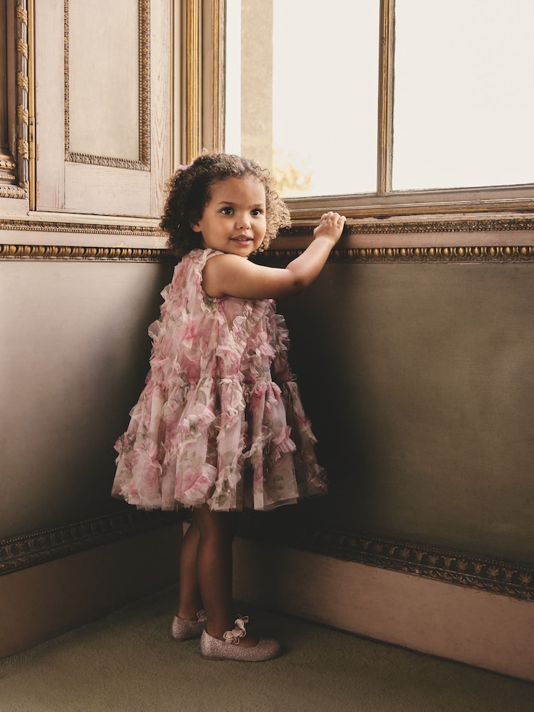 Pink Floral Sleeveless Mesh Dress (3mths-7yrs) - Image 2 of 4 Pink Floral Sleeveless Mesh Dress (3mths-7yrs) - Image 2 of 4