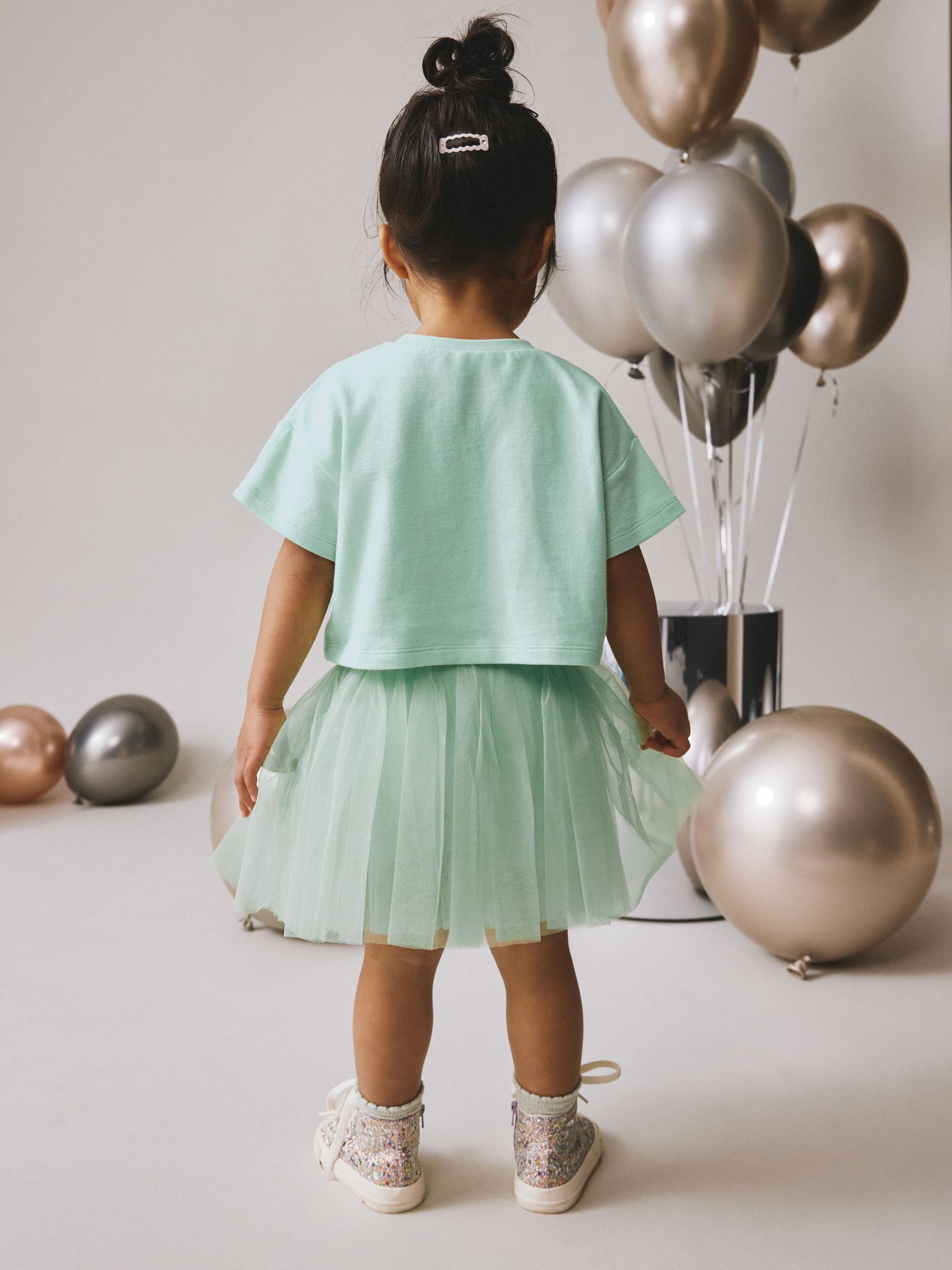 Mint Green Top with Printed Leaves and Butterflies Cutwork with Organza Palazzo for Girls