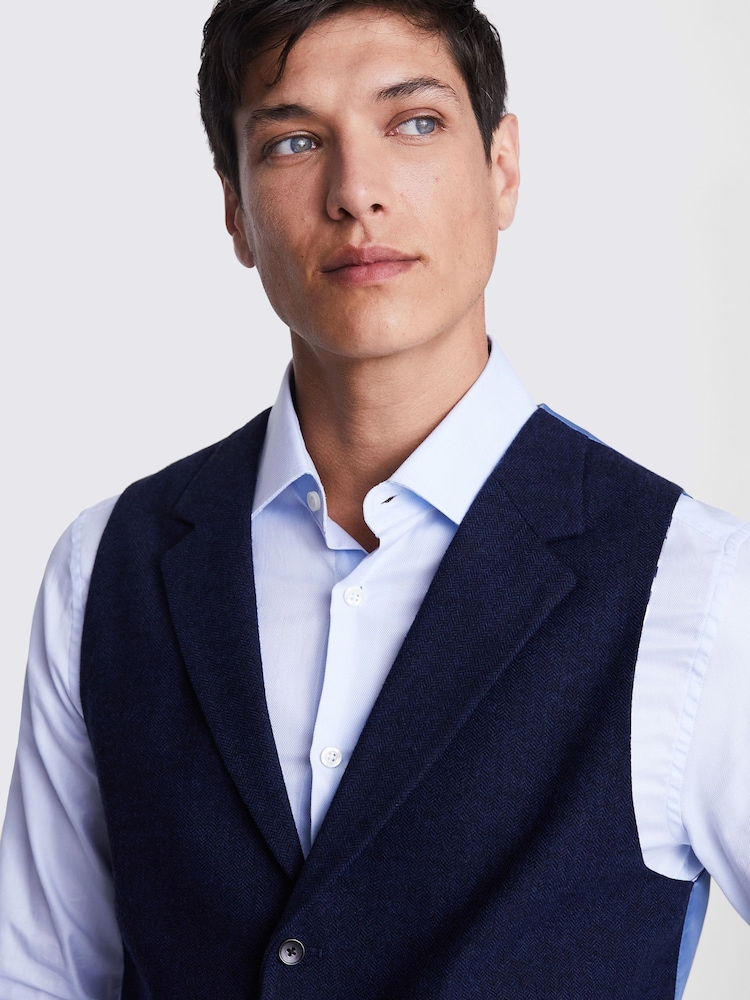 MOSS Blue Tailored Fit Ink Herringbone Waistcoat - Image 3 of 3