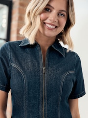 Dunkelblau - Denim Zip Through Mini Polo Dress - Bild 5 von 9