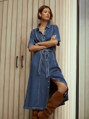 Mid Blue Denim N.Premium Short Sleeve Shirt Maxi Dress - Image 1 of 7