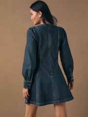 Denim Dark Blue Fit and Flare Long Sleeve Seamed Mini Dress - Image 4 of 8