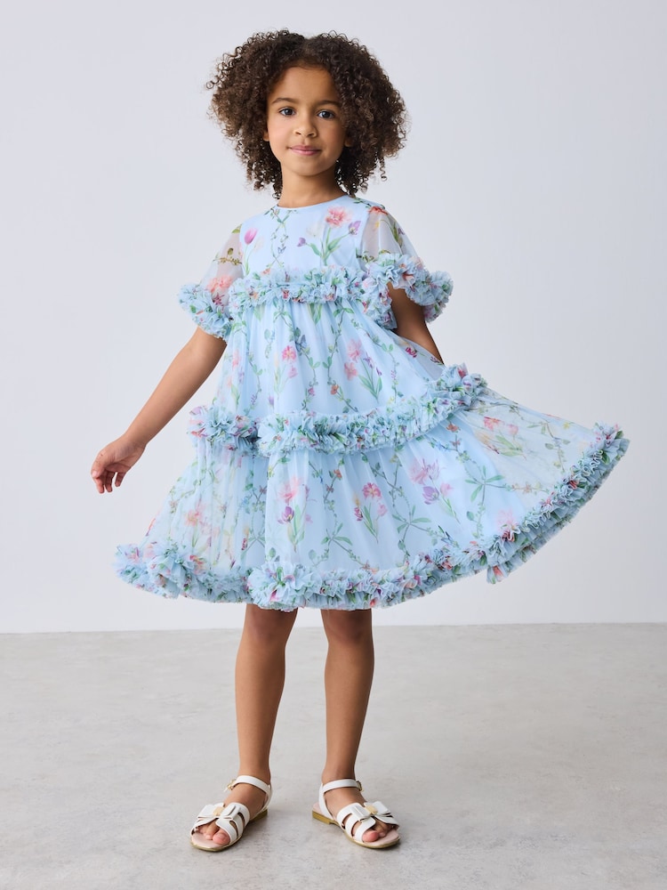 Baker by Ted Baker Blue Floral Ruffle Tiered Mesh Dress - Image 1 of 13