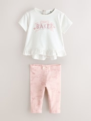 Baker by Ted Baker 2 Piece Broderie Back Peplum Pink T-Shirt & Leggings Set - Image 1 of 7