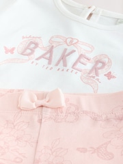 Baker by Ted Baker 2 Piece Broderie Back Peplum Pink T-Shirt & Leggings Set - Image 3 of 7