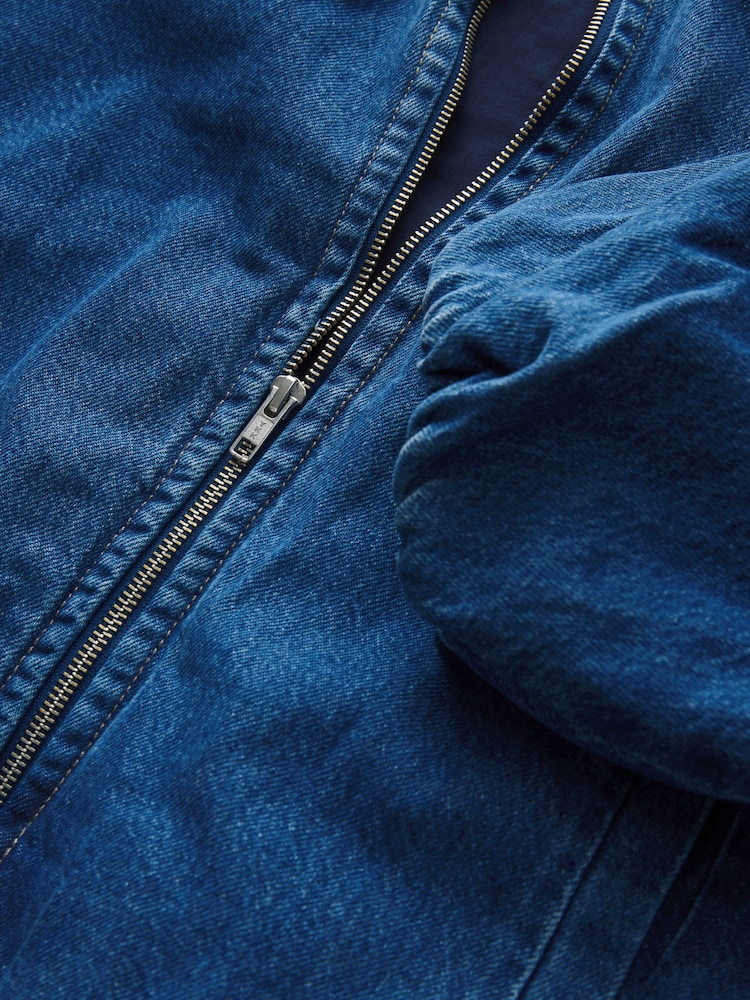 蓝色 - 牛仔布拉链飞行夹克 - 7的图像7｝