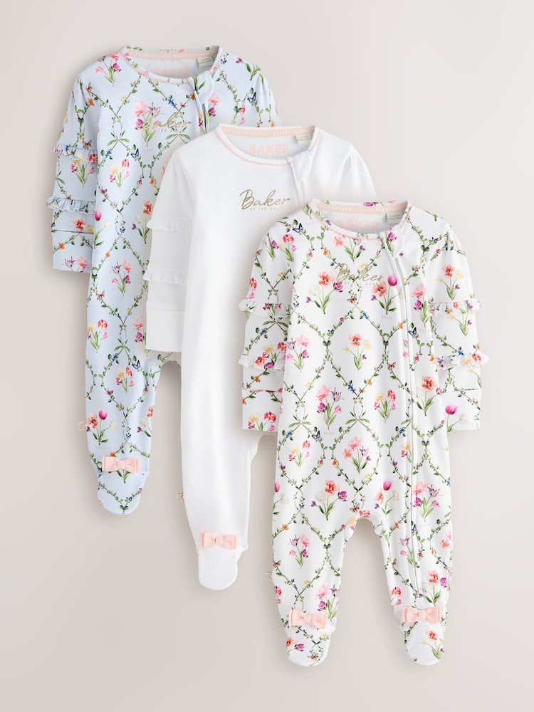 أبيض/أزرق - Baker by Ted Baker White/Blue Sleepsuits 3 Pack - Image 1 of 11