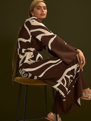 Chocolate Brown Print V-Neck 3/4 Length Sleeve Maxi Kaftan Dress - Image 4 of 10
